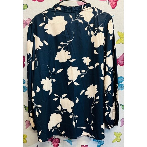 New Bloomchic Ditsy Floral Elastic Sleeve Tie Neck Blouse Navy Blue 14-16 NWT - Picture 2 of 3
